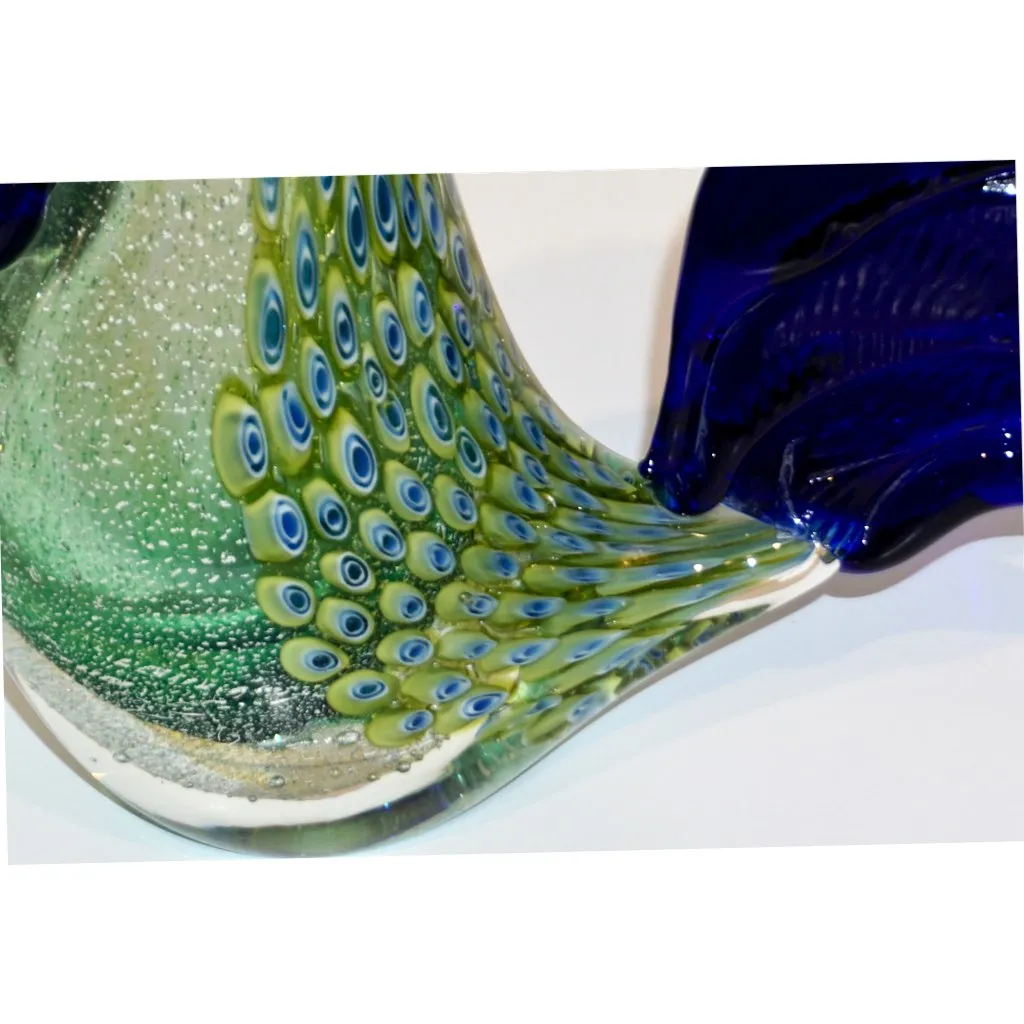 1980s Pair of Italian Vintage Silver Navy Blue Green Murano Art Glass Hen Bird Sculptures