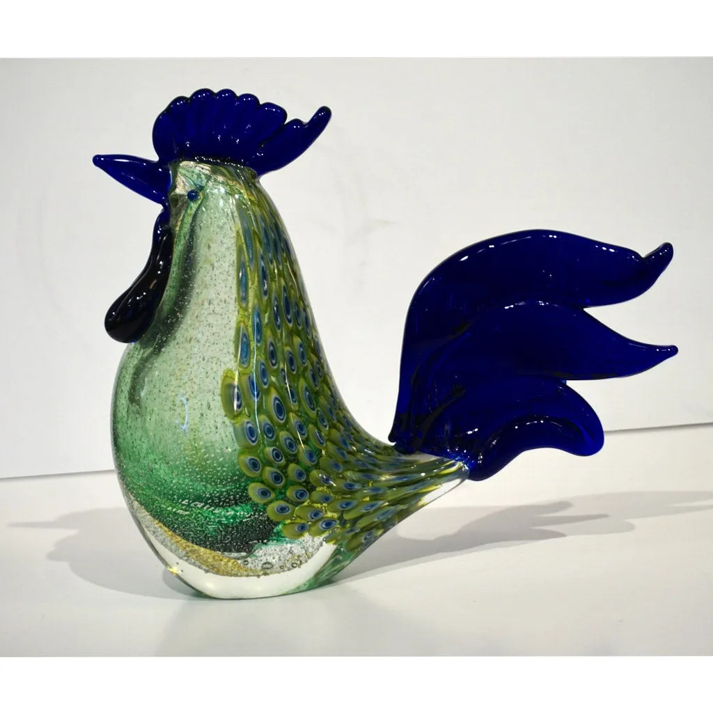 1980s Pair of Italian Vintage Silver Navy Blue Green Murano Art Glass Hen Bird Sculptures