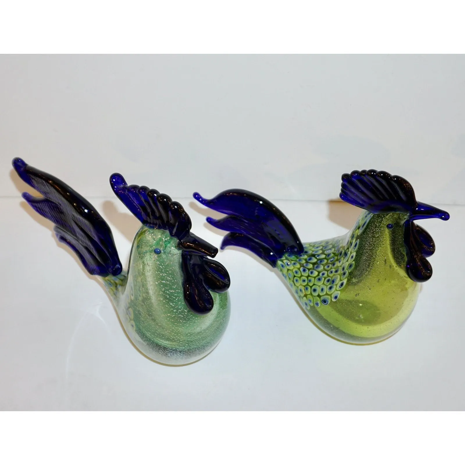1980s Pair of Italian Vintage Silver Navy Blue Green Murano Art Glass Hen Bird Sculptures