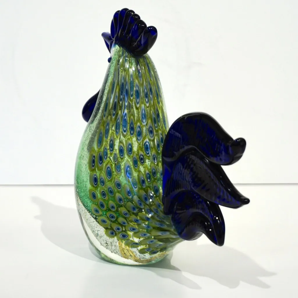 1980s Pair of Italian Vintage Silver Navy Blue Green Murano Art Glass Hen Bird Sculptures