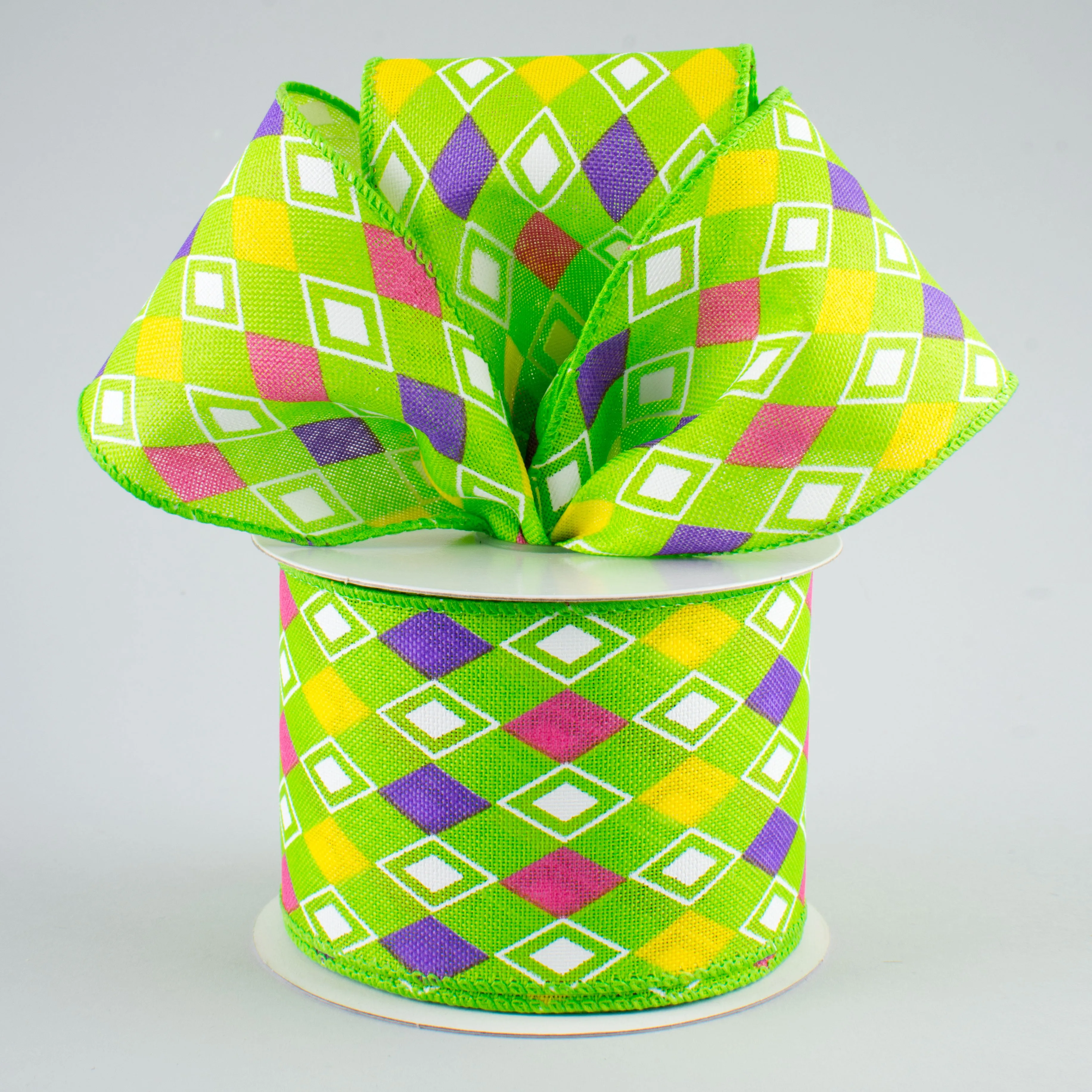 2.5" Harlequin Plaid Ribbon: Lime Green (10 Yards)