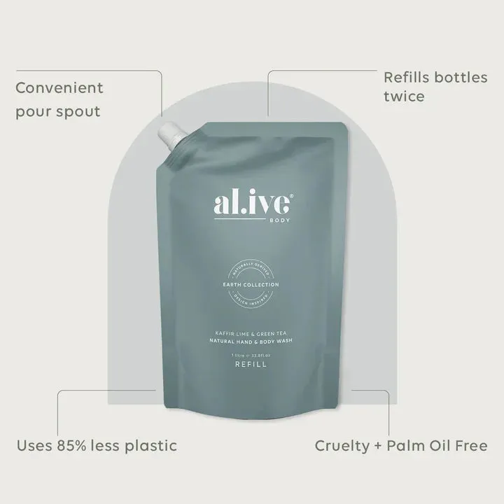 al.ive Hand & Body Wash Refill 1L - Kaffir Lime & Green (Made in Australia)