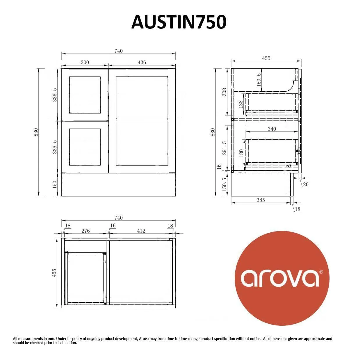 AUSTIN 750mm Floor Standing Bathroom Vanity Left Hand Side