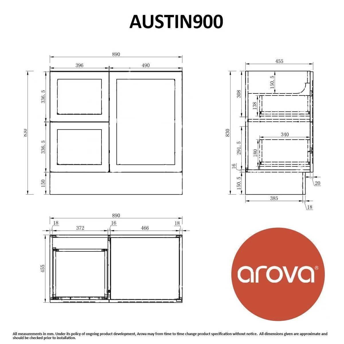 AUSTIN 900mm Floor Standing Bathroom Vanity Left Hand Side