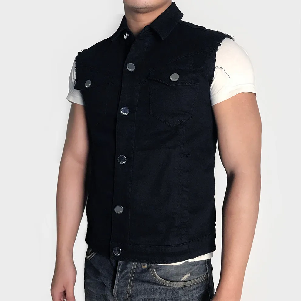 BZEN x JOE SCULL 4 POCKET VEST SLIM FIT 12oz STRETCH DENIM- BLACK SILVER THREADS JOE EMBROIDERY