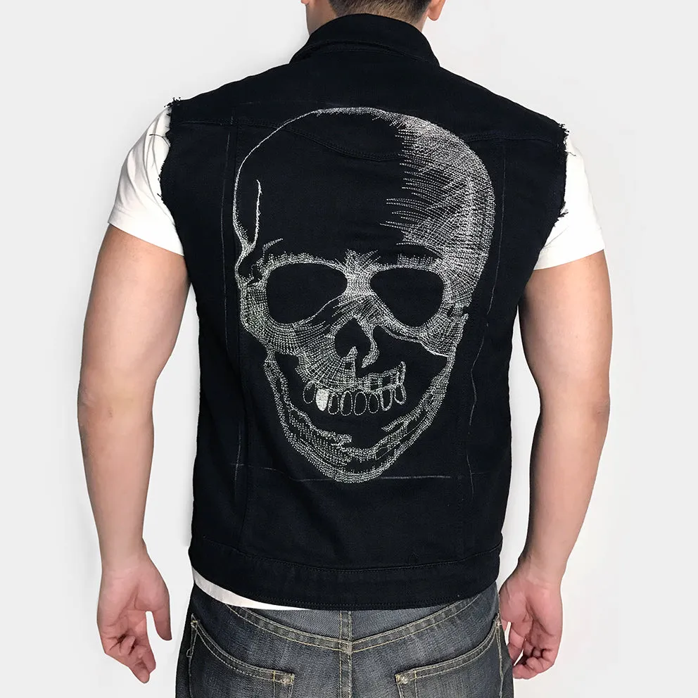 BZEN x JOE SCULL 4 POCKET VEST SLIM FIT 12oz STRETCH DENIM- BLACK SILVER THREADS JOE EMBROIDERY