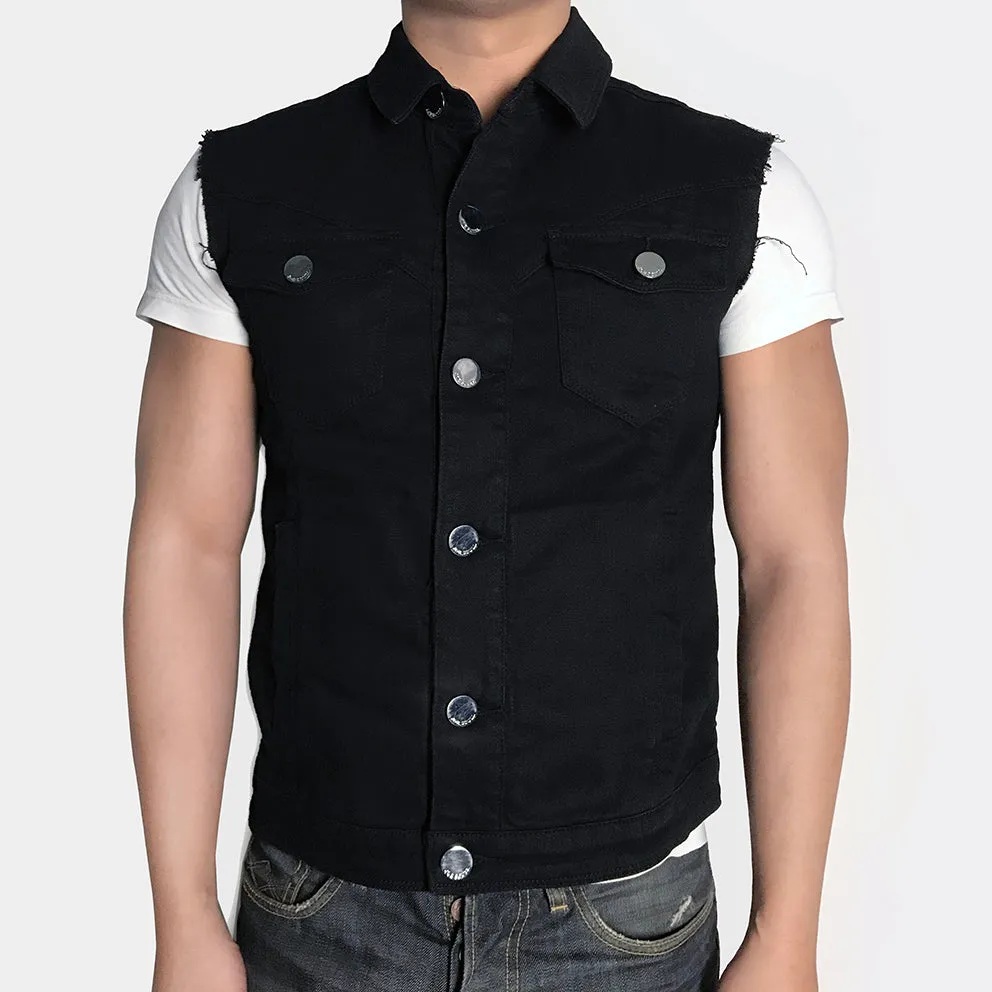 BZEN x JOE SCULL 4 POCKET VEST SLIM FIT 12oz STRETCH DENIM- BLACK SILVER THREADS JOE EMBROIDERY