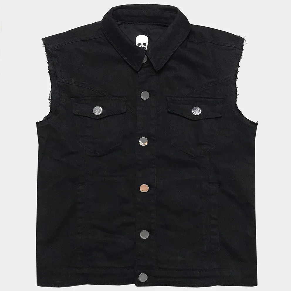 BZEN x JOE SCULL 4 POCKET VEST SLIM FIT 12oz STRETCH DENIM- BLACK SILVER THREADS JOE EMBROIDERY