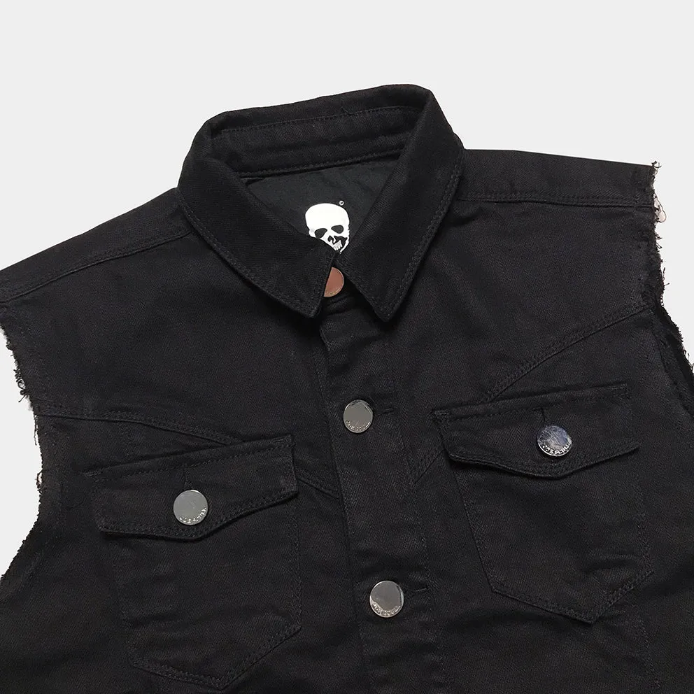 BZEN x JOE SCULL 4 POCKET VEST SLIM FIT 12oz STRETCH DENIM- BLACK SILVER THREADS JOE EMBROIDERY