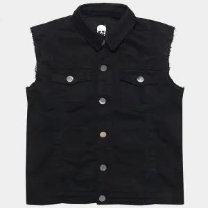 BZEN x JOE SCULL 4 POCKET VEST SLIM FIT 12oz STRETCH DENIM- BLACK SILVER THREADS JOE EMBROIDERY