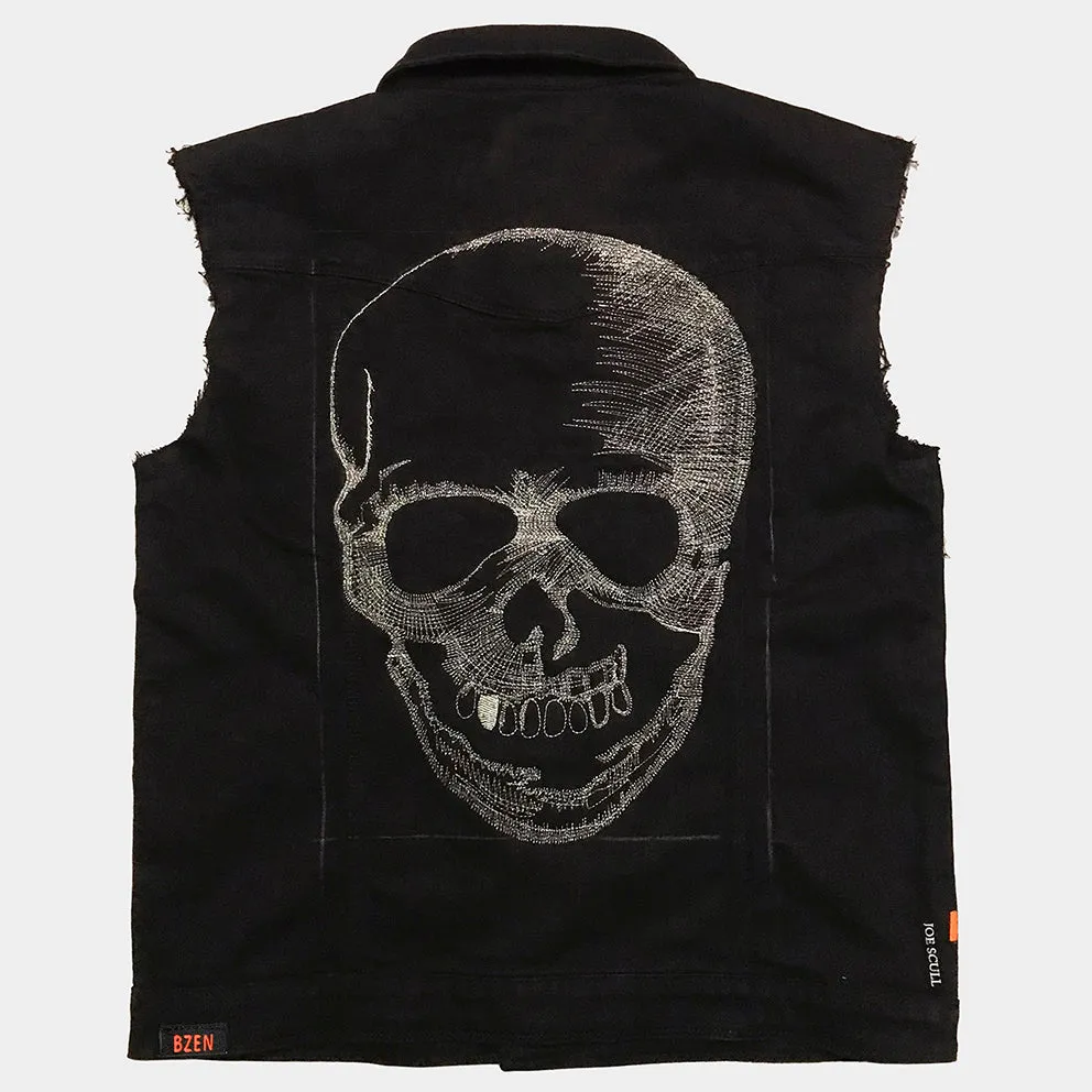 BZEN x JOE SCULL 4 POCKET VEST SLIM FIT 12oz STRETCH DENIM- BLACK SILVER THREADS JOE EMBROIDERY