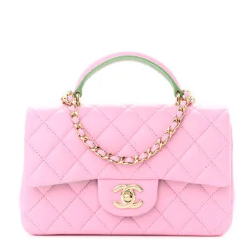 CHANEL LAMBSKIN QUILTED MINI TOP HANDLE MULTI COLOR LILAC AND LIGHT GREEN BAG