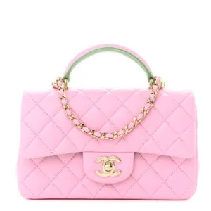 CHANEL LAMBSKIN QUILTED MINI TOP HANDLE MULTI COLOR LILAC AND LIGHT GREEN BAG