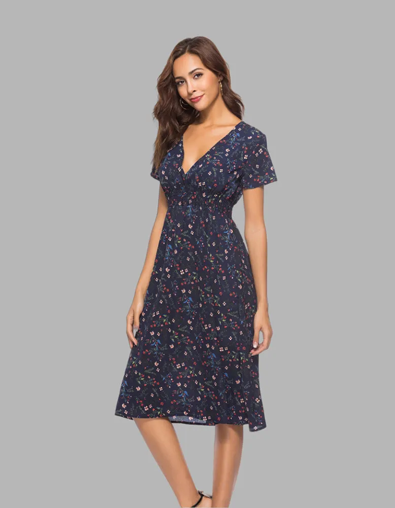 Deep V Bohemian Floral Printed Short Sleeve Long A-Line Dresses