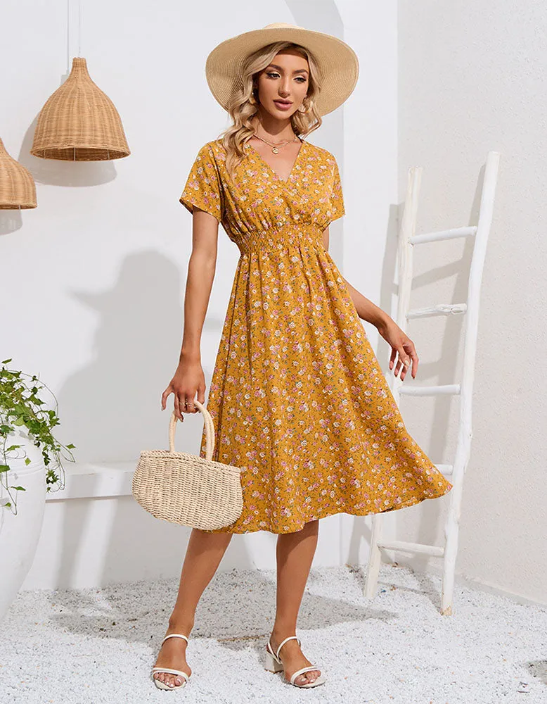 Deep V Bohemian Floral Printed Short Sleeve Long A-Line Dresses