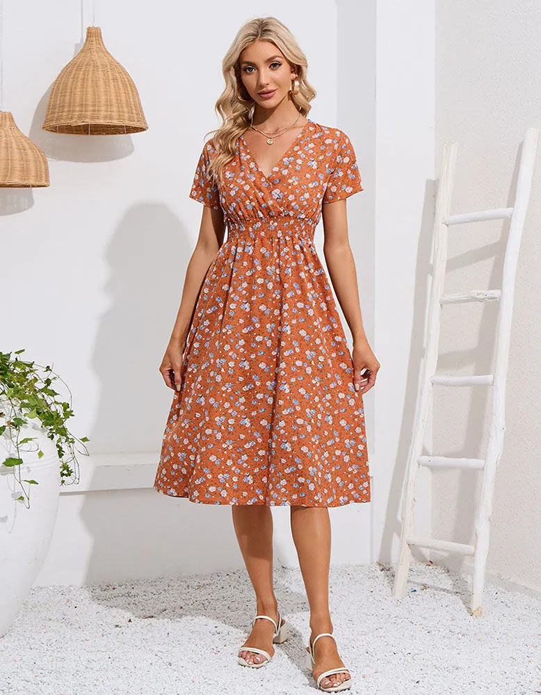 Deep V Bohemian Floral Printed Short Sleeve Long A-Line Dresses