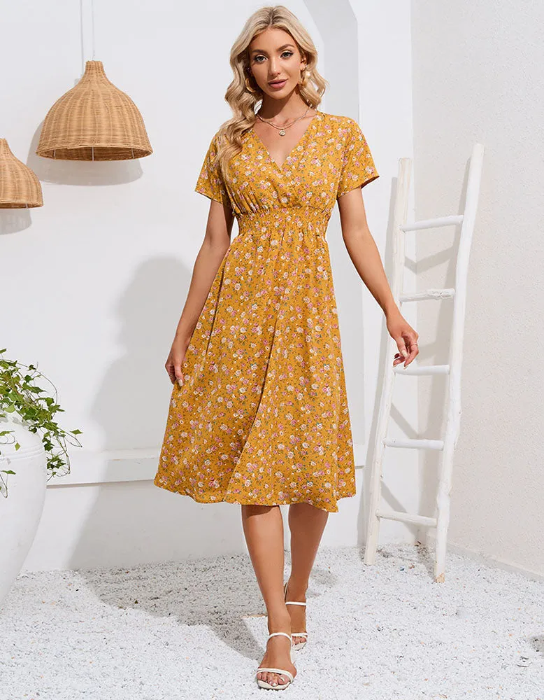 Deep V Bohemian Floral Printed Short Sleeve Long A-Line Dresses