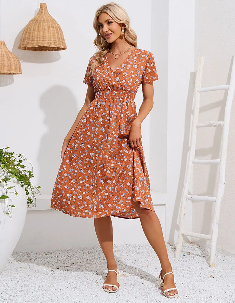 Deep V Bohemian Floral Printed Short Sleeve Long A-Line Dresses