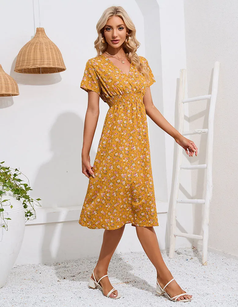 Deep V Bohemian Floral Printed Short Sleeve Long A-Line Dresses