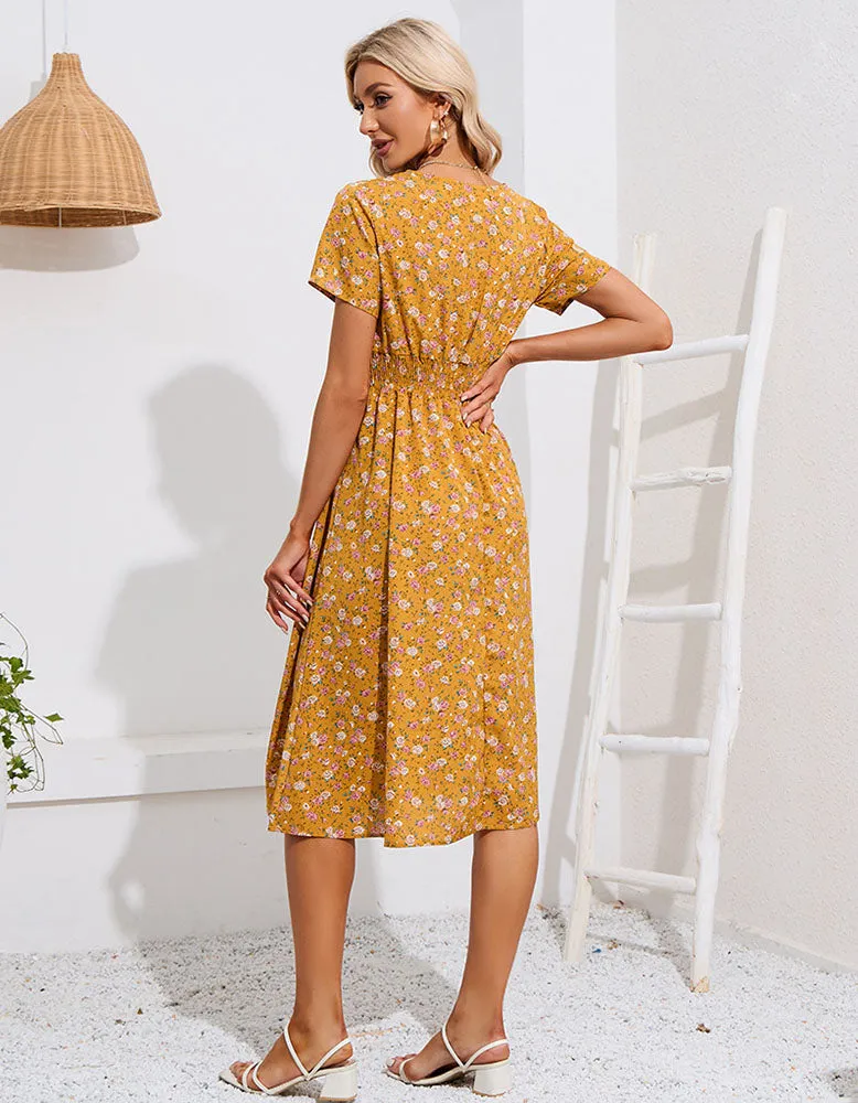 Deep V Bohemian Floral Printed Short Sleeve Long A-Line Dresses