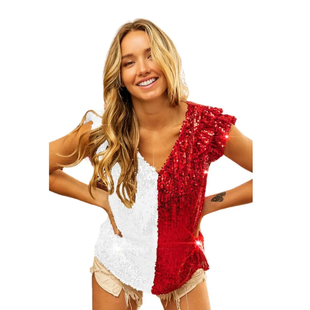 Game Day Color Block and Red and White Sequin Ruffled Sleeve Top (Each)
