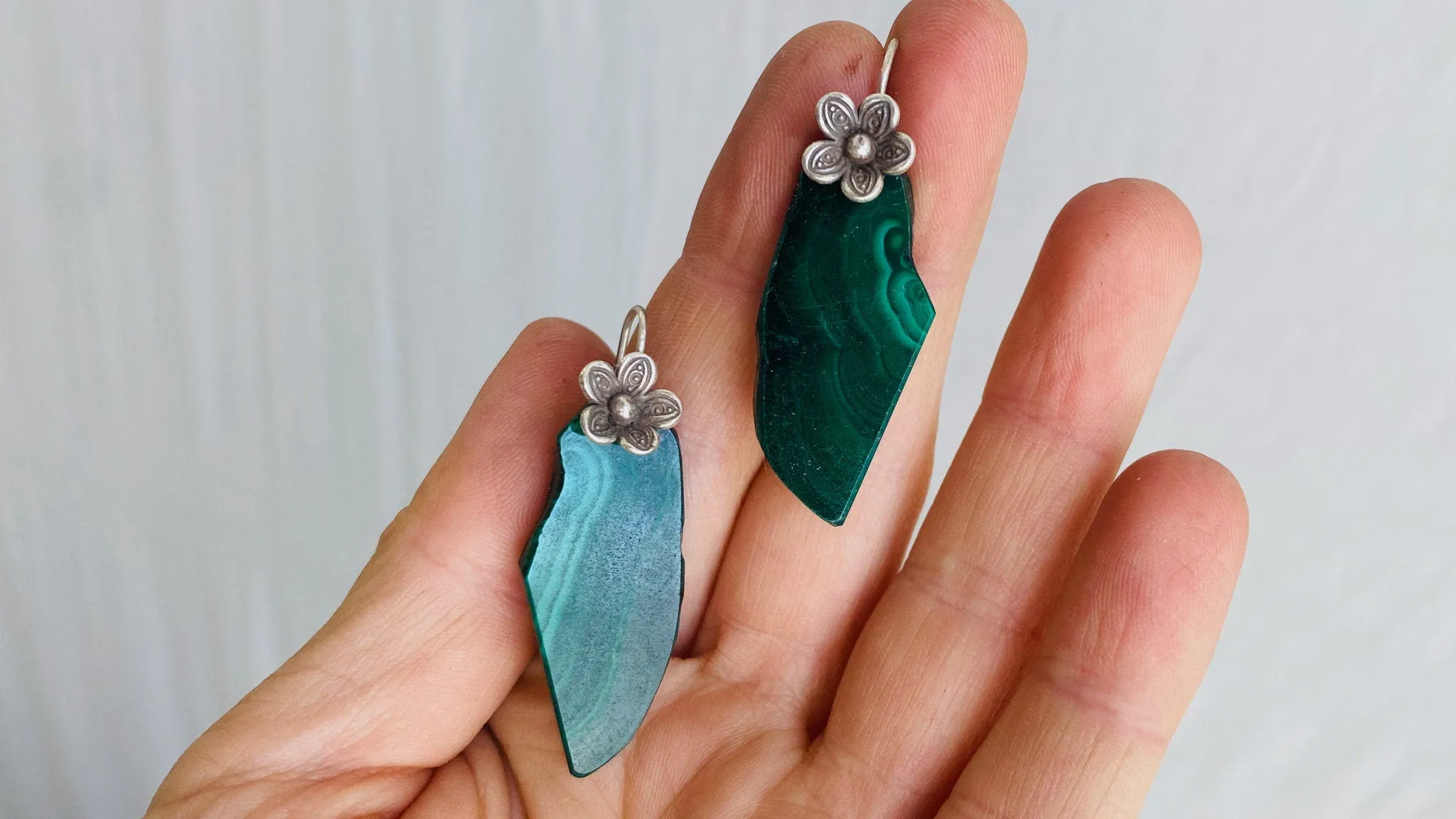 Malachite Flower Earrings. Sterling Silver