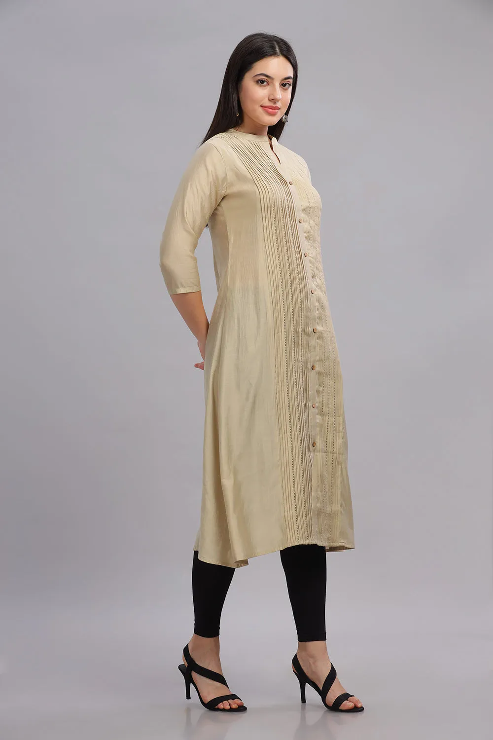 Mythri Office Wear Women's Casual Kurta Mandarian Collar with 3/4th Sleeves  - Cream - KU25