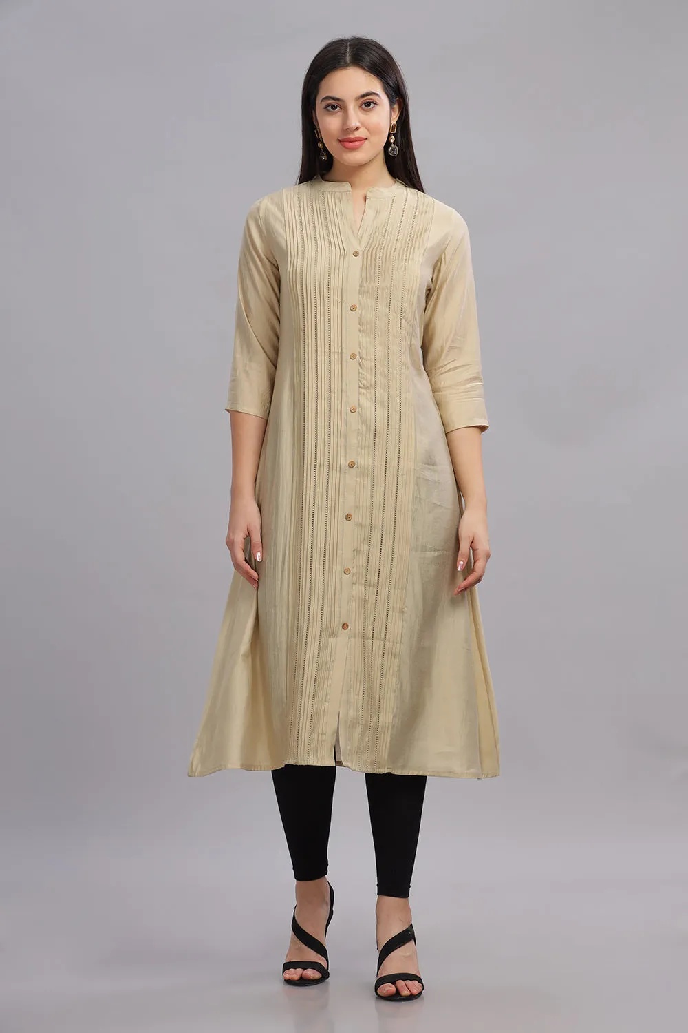 Mythri Office Wear Women's Casual Kurta Mandarian Collar with 3/4th Sleeves  - Cream - KU25