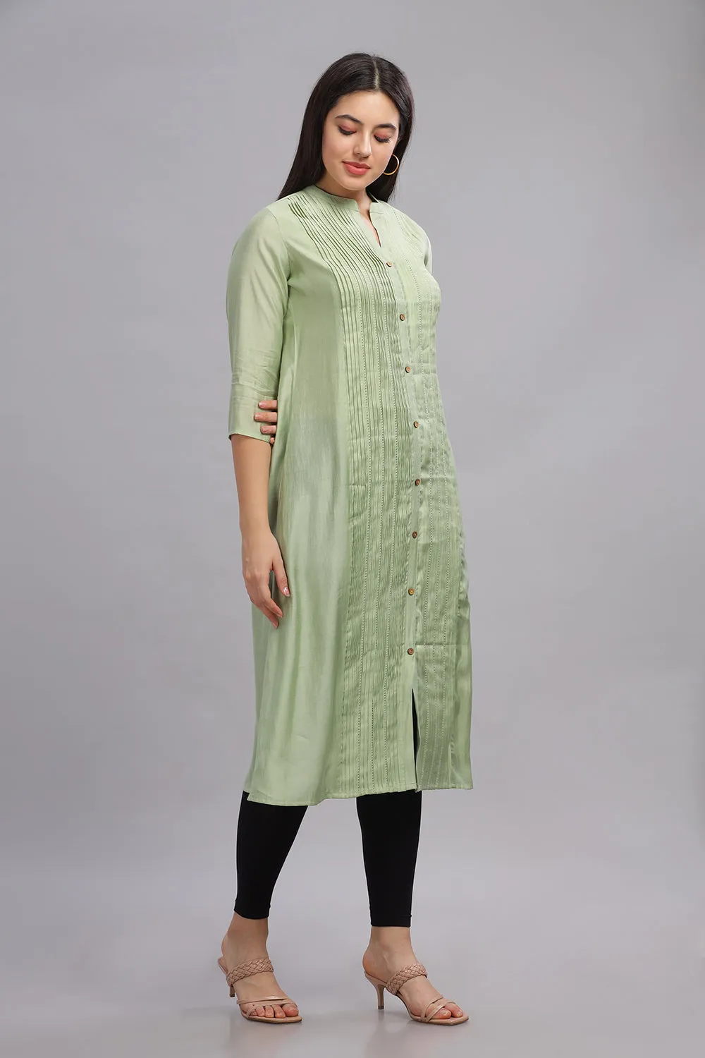 Mythri Office Wear Women's Casual Kurta Mandarian Collar with 3/4th Sleeves - Light Green - KU27