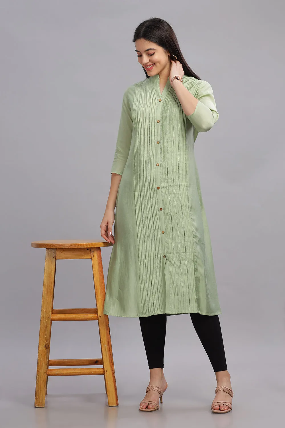 Mythri Office Wear Women's Casual Kurta Mandarian Collar with 3/4th Sleeves - Light Green - KU27