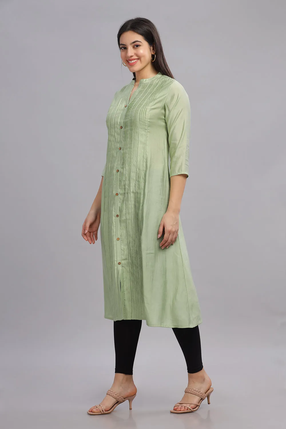 Mythri Office Wear Women's Casual Kurta Mandarian Collar with 3/4th Sleeves - Light Green - KU27