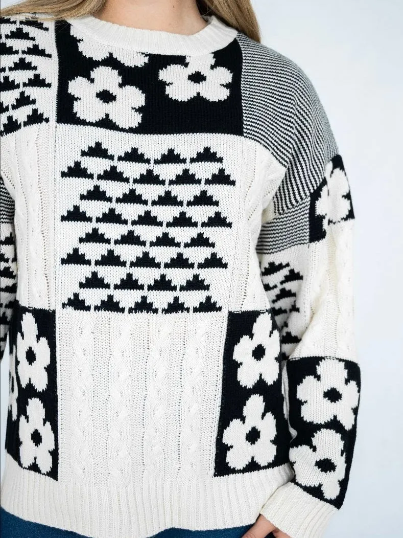 Patchwork Flower Knit- Black