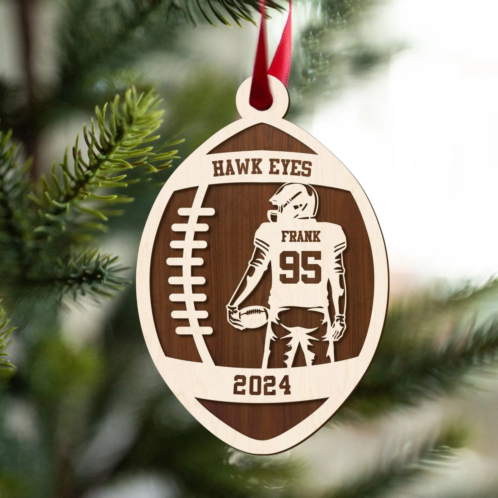 Personalized Football Ornament, 2 Layered and Engraved Wooden Ornament CF424