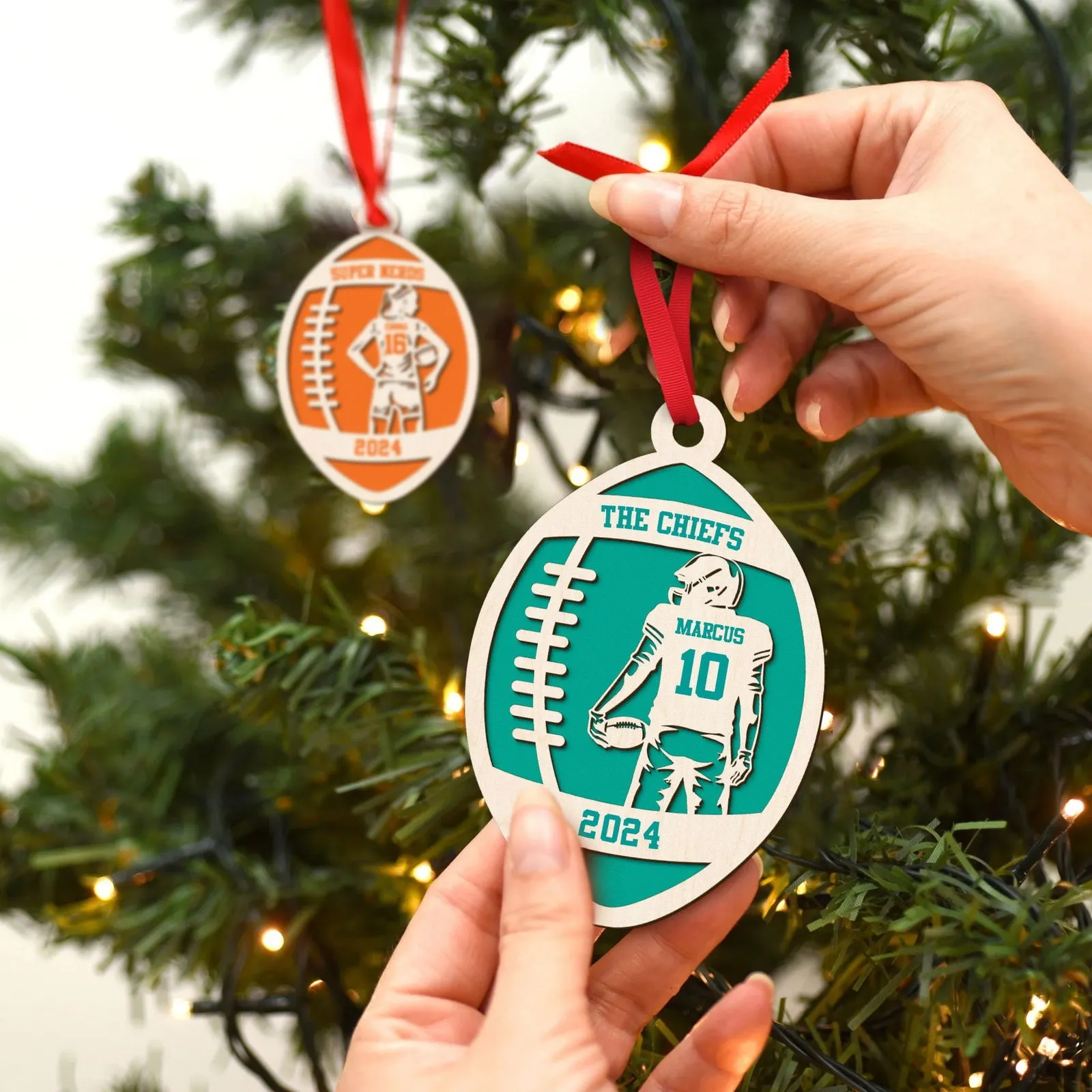 Personalized Football Ornament, 2 Layered and Engraved Wooden Ornament CF424