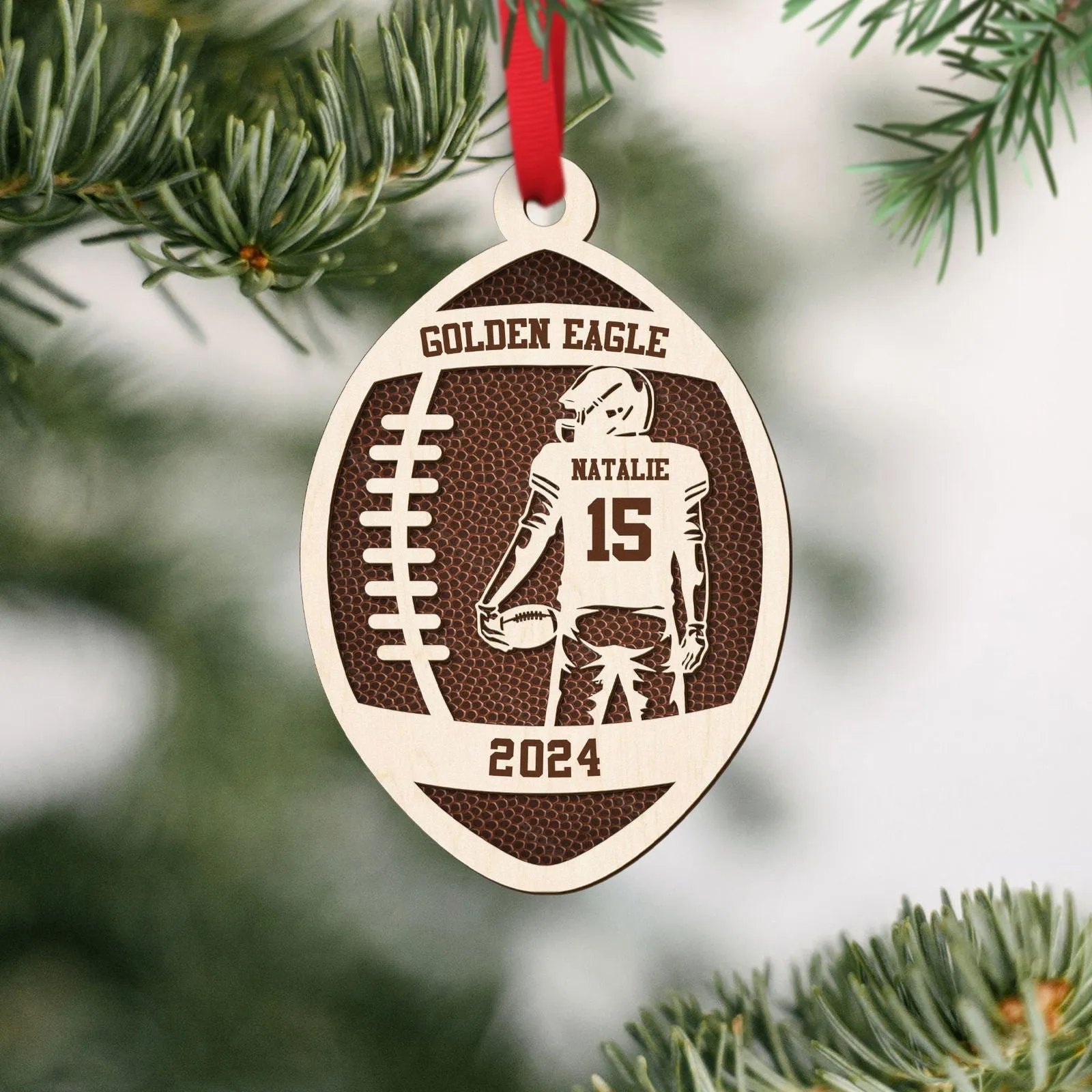Personalized Football Ornament, 2 Layered and Engraved Wooden Ornament CF424