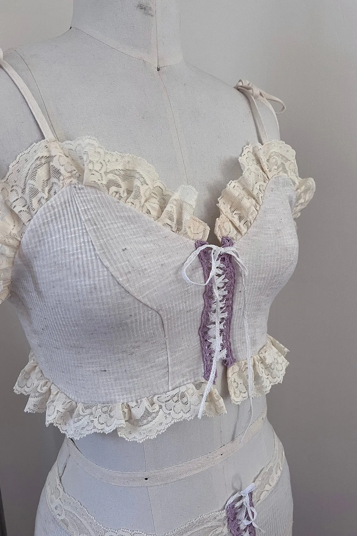 Tether Lace Up Crop Top in Oat Rib Knit Jersey