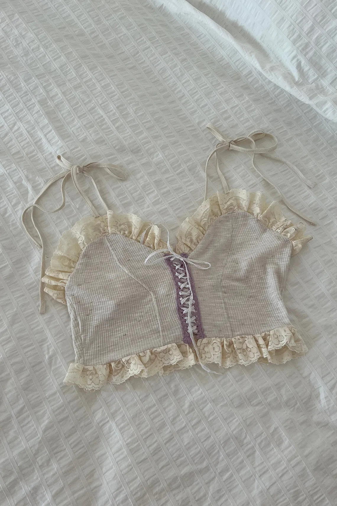 Tether Lace Up Crop Top in Oat Rib Knit Jersey