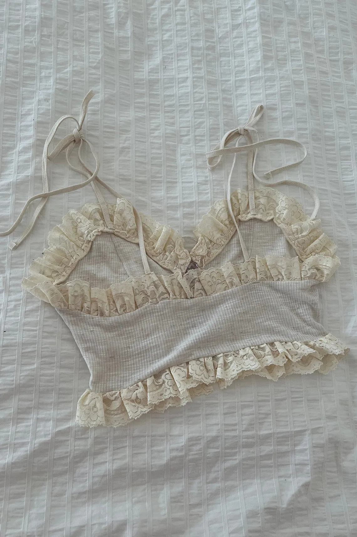 Tether Lace Up Crop Top in Oat Rib Knit Jersey