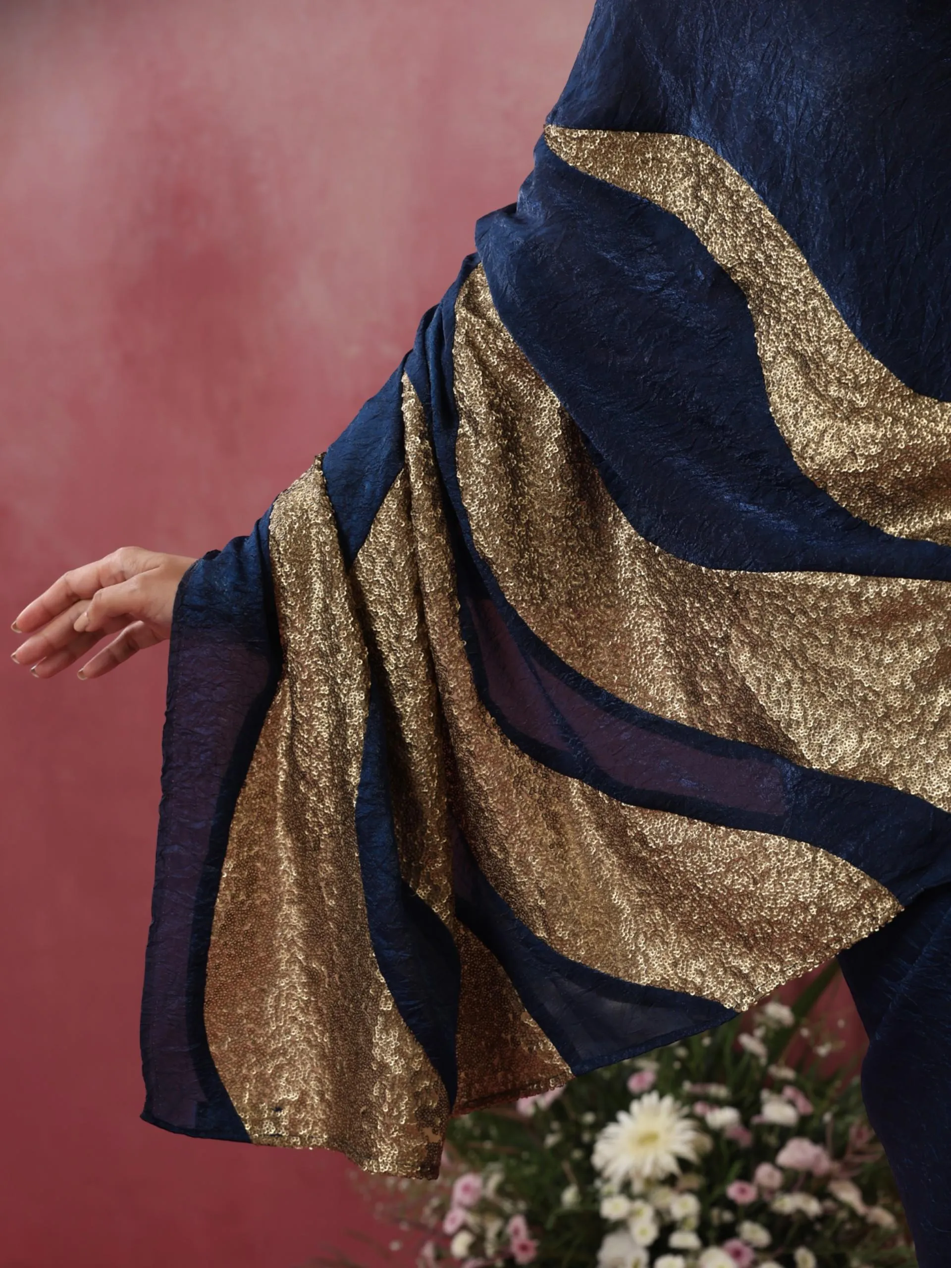 Zircon Blue Fire Metallic Crushed Satin Saree